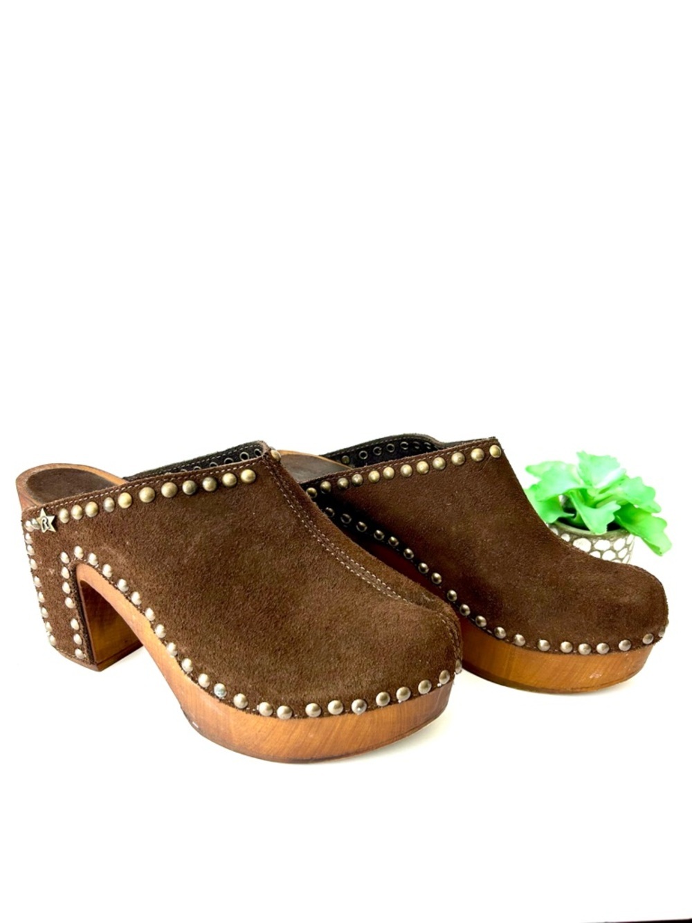 Vintage 90s Y2K Replay Platform Clog Mules Brown Suede Nailhead Wood Heel Sz 37